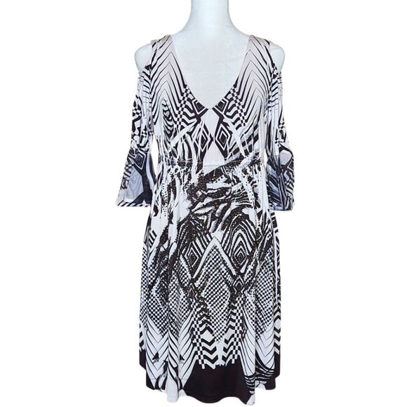 S-Twelve Cold Shoulder Embellished Dress 3/4 Bell Sleeves Black White Women's L - Picture 1 of 13